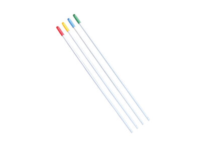 Four Alloy Broom Handles with Red, Yellow, Blue and Green Grips