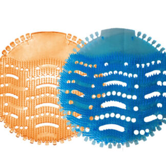 Two round urinal pads, orange and blue, next to each other