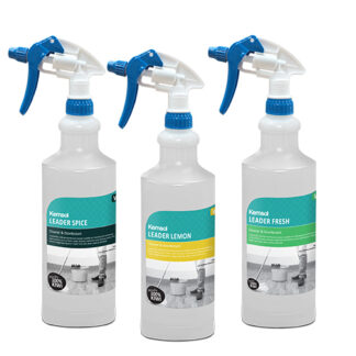 Three Spray Bottle Applicators with Leader Spice, Leader Lemon and Leader Fresh Product Labels