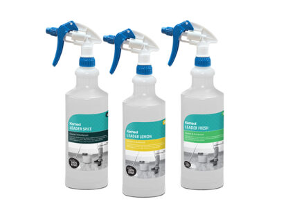 Three Spray Bottle Applicators with Leader Spice, Leader Lemon and Leader Fresh Product Labels