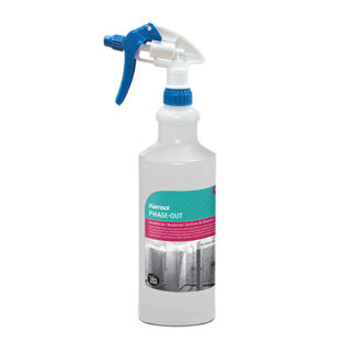 Clear Plastic Bottle with Blue and White Spray Trigger and Kemsol Phase-Out Product Label