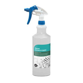 Clear Plastic Bottle with Blue and White Spray Trigger and Kemsol Shower Power Product Label