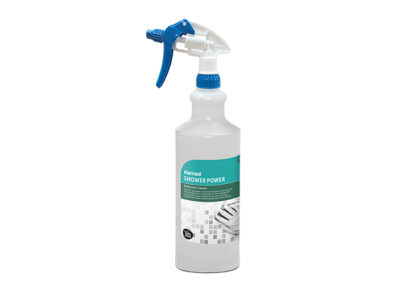 Clear Plastic Bottle with Blue and White Spray Trigger and Kemsol Shower Power Product Label