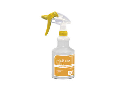 Clear Plastic Bottle with Yellow and White Spray Trigger and Kemsol K10 Bac-Kleen Product Label