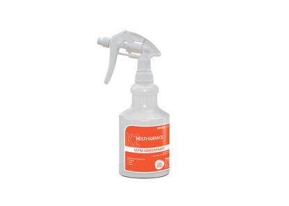 Clear Plastic Bottle with White Spray Trigger and Kemsol K2 Multi-Surface Product Label