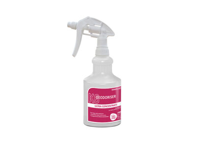 Clear Plastic Bottle with White Spray Trigger and Kemsol K6 Deodoriser Product Label