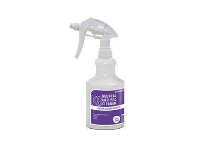 Clear Plastic Bottle with White Spray Trigger and Kemsol K8 Neutral Cleaner Product Label