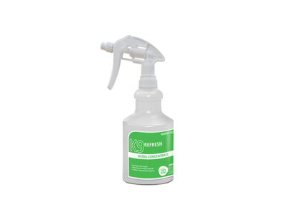 Clear Plastic Bottle with White Spray Trigger and Kemsol K9 Refresh Product Label