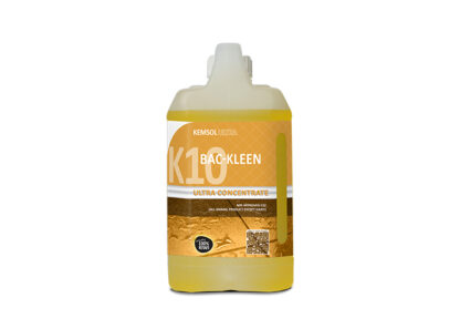 2 Litre Jerry Can of Yellow Cleaning Liquid with Kemsol K10 Bac-Kleen Product Label