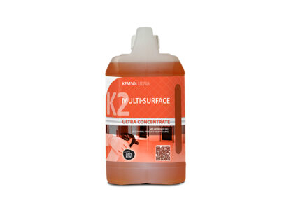 2 Litre Jerry Can of Orange Cleaning Liquid with Kemsol K2 Multi-Surface Cleaner Product Label