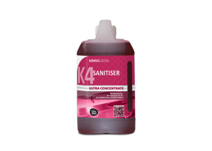 2 Litre Jerry Can of Dark Pink Cleaning Liquid with Kemsol K4 Sanitiser Cleaner Product Label