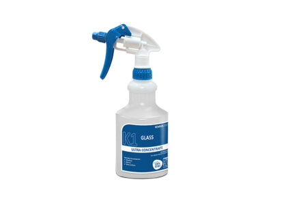 Clear Plastic Bottle with Blue and White Spray Trigger and Kemsol K1 Glass Cleaner Product Label