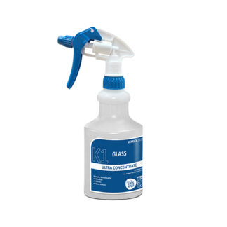 Clear Plastic Bottle with Blue and White Spray Trigger and Kemsol K1 Glass Cleaner Product Label