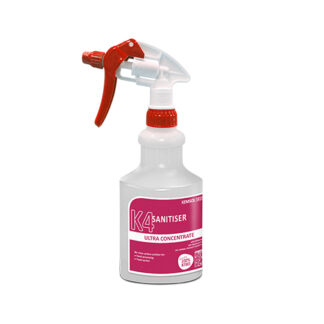 Clear Plastic Bottle with Red and White Spray Trigger and Kemsol K4 Sanitiser Product Label