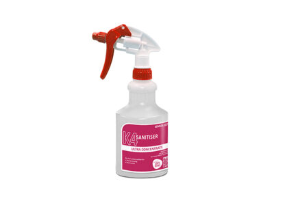 Clear Plastic Bottle with Red and White Spray Trigger and Kemsol K4 Sanitiser Product Label